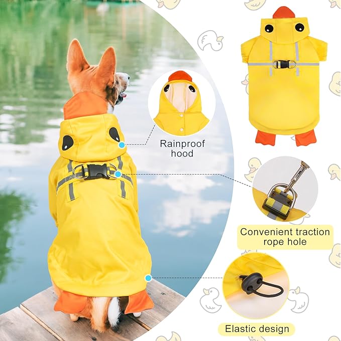BEAUTYZOO Dog Raincoat Hooded Slicker Poncho, Waterproof Windproof Rain Jacket Hood with Harness Built in, Adjustable Reflective Duck Design Rain Coats for Small Medium Dogs Puppies, Yellow Size XS
