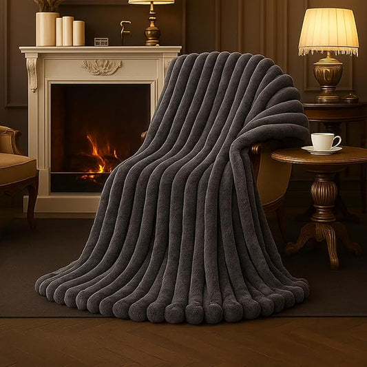 Amélie Home Faux Fur Throw Blanket for Couch, Cozy Fuzzy Fluffy Fur Luxurious Soft Striped Plush Gift Blankets for Family Sofa Chair Bedroom, 55"x70", Charcoal Grey