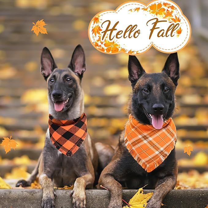 Kytely Thanksgiving Fall Dog Bandana 2 Pack, Autumn Dog Bandanas X-Large, Orange Plaid Pet Scarf for Boy and Girl, Holiday Halloween Reversible Triangle Bibs Accessories for Dogs Pets