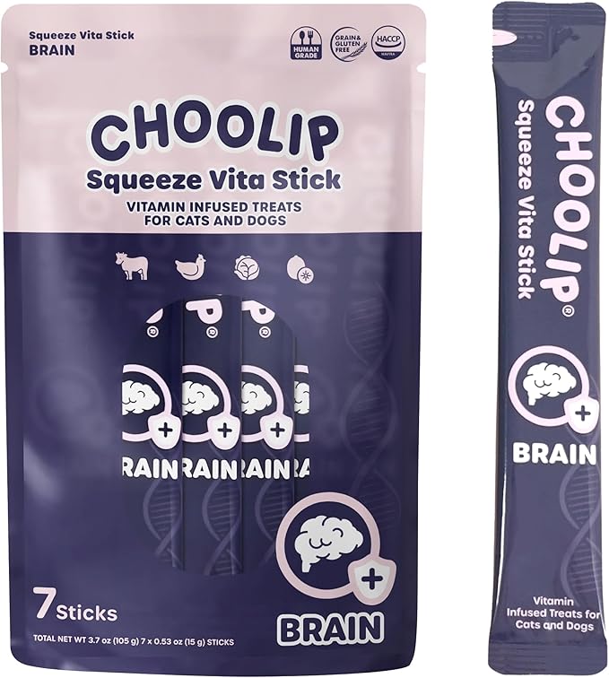Choolip Squeeze Vita Stick Lickable Cat and Dog Treats – 7-Count Brain Support Sticks with Multivitamins, Soft Squeezable Paste for All Life Stages, Supporting Brain Health