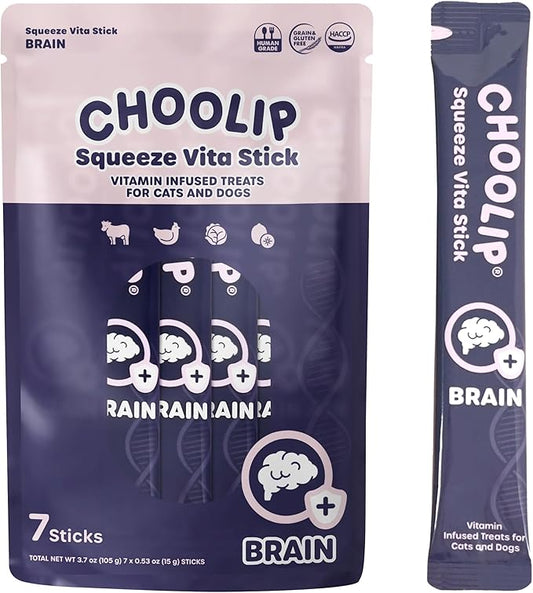 Choolip Squeeze Vita Stick Lickable Cat and Dog Treats – 7-Count Brain Support Sticks with Multivitamins, Soft Squeezable Paste for All Life Stages, Supporting Brain Health