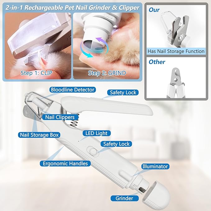 2-in-1 Led Cat Dog Nail Clipper & Nail Grinder with Lights,Rechargeable Pet Nail Trimmers with Nail File,Protective Guard,Quick Sensor,Pet Claw Clippers for Large Medium Small Dogs Cats Rabbits
