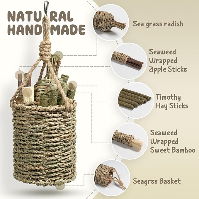 Rabbit Chew Toys,Natural Seagrass Hanging Basket with Sweet Bamboo,Timothy Hay,Water Plant Radish,Apple Sticks for Bunny Chinchillas Guinea Pigs Hamsters Rats Teeth Grinding