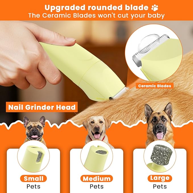 Dog Clipper 4-in-1 Grooming Kit – Includes Comb, Paw Trimmer, Nail Grinder, Rechargeable & Wireless Design, Low Noise, IPX7 Waterproof, Pet-Friendly Clipper (Yellow)