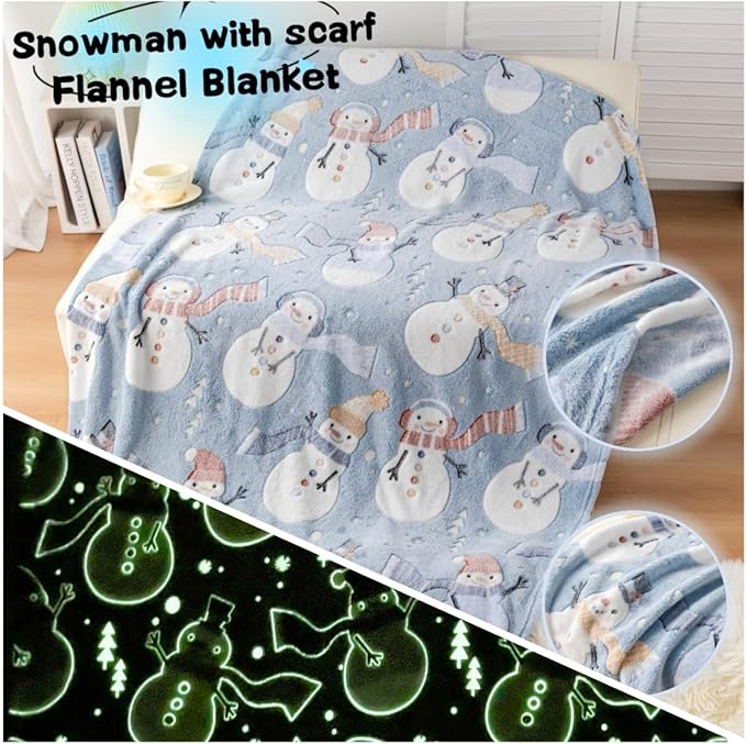 Christmas Snowman Blanket Gift, Glow in The Dark Blanket, Cozy Soft Fleece Blanket for Holiday Décor, Children Boys Girls Teens Holiday Theme Blanket, 50"*60", Kids Blanket, Sky Blue