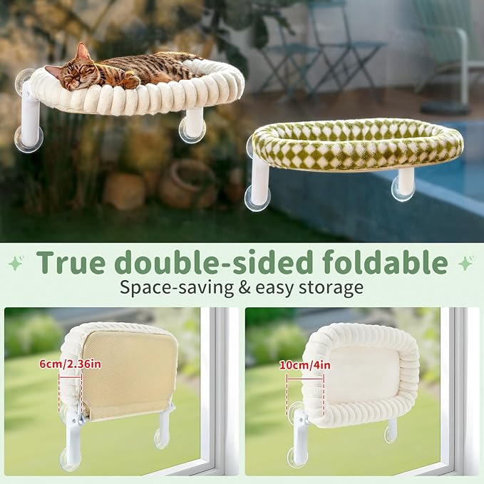 Sunhoo Cat Window Perch Bed Foldable Kitty Windowsill Hammock Shelf Seat Large Cats Suction Cup Indoor Kitten Window Sill Lounger with Soft Plush Cushion Machine Washable 21.26 * 11.8in (White, M)