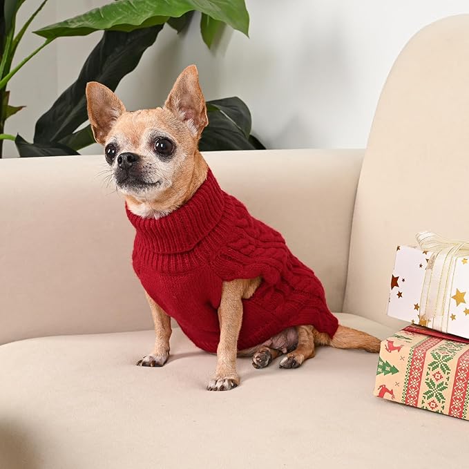 2 Pack Dog Sweaters for Small Dogs Turtleneck Pullover Cable Knit Puppy Stretch Clothes Chihuahua Yorkie Pomeranian Toy Poodle Boy Girl Pets Winter Doggie Clothes (XS, Red & Green)