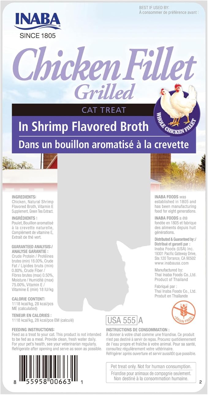 INABA Premium Hand-Cut Grilled Chicken Fillet Cat Treats/Topper with Vitamin E and Green Tea Extract, 0.9 Ounces Each, Pack of 6, Shrimp Broth
