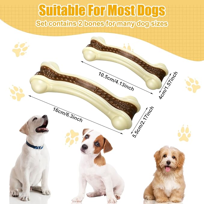 Sosation Bones Shaped Dog Toys for Aggressive Chewers, 2 Pack Dog Chew Toys Puppy Teething Nylon Beef Flavor for Large/Medium/Small Puppies Breeds(Curved Bone,Large, Small)