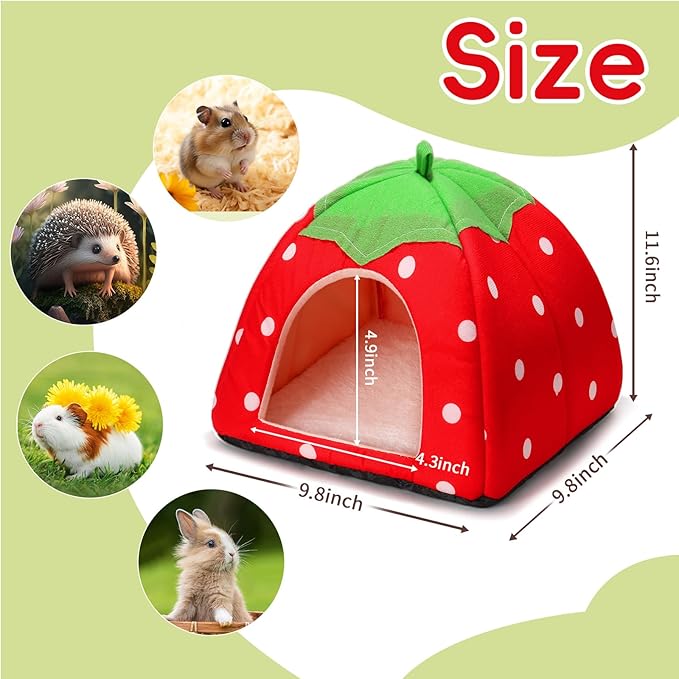 Guinea Pig Bed Rabbit Hideout Cozy Hamster Cave Leash Accessories Warm Fleece Cuddle Cup Washable Winter Sleeping House for Small Pet Strawberry Style
