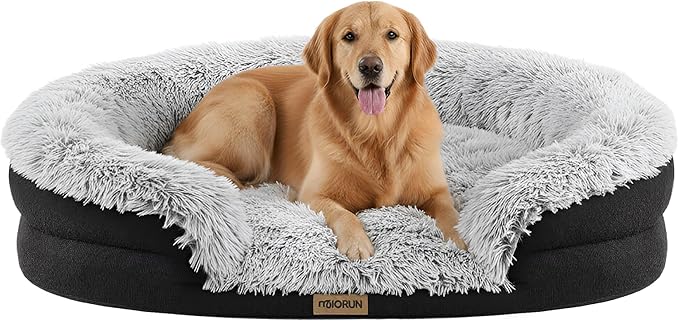 Fluffy Orthopedic Dog Bed for Extra Large Dogs, Calming Plush Sofa Bed with Curved Bolster Support and Egg-Crate Foam Base, 48" Cozy Oval Pet Donut Bed with Washable Cover, Gray