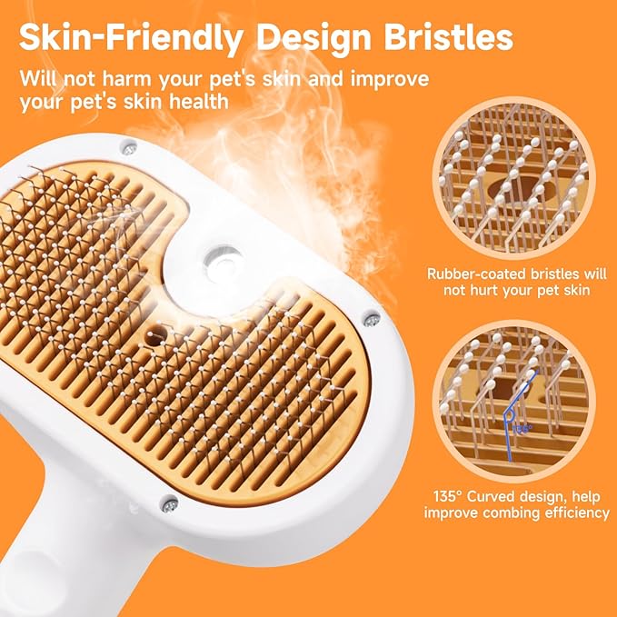Cat Steam Brush, Pet Steam Brush for Cat & Dog, Mist Spray Comb, Spritz Defur Tool, Water Grooming Kit, Dog Hair Removal Steam Cleaner with Release Button Contains 1*Shampoo, Dental Wipes