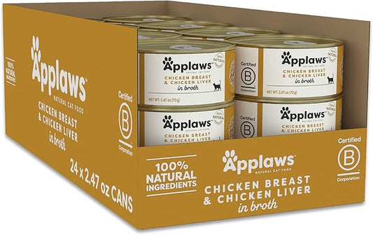 Applaws Natural Wet Canned Cat Food, Limited and Natural Ingredients, High Protein with No Artificial Additives, Chicken Breast & Liver in Broth (24 x 2.47oz Cans)