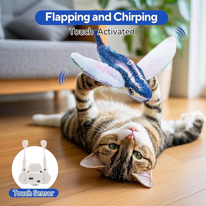 AUSCAT Flappy Fish Cat Toy, Simulated Chirping Floppy Fish Cat Toy Flapping Wings, Rechargeable,Interactive Catnip Toys for Indoor Cats (No Flying)