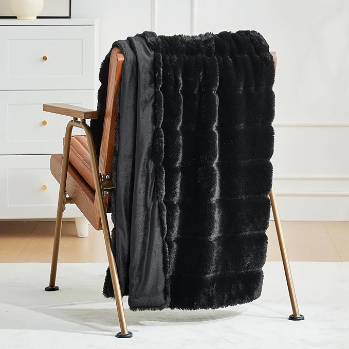 Cozy Bliss Faux Fur Throw Blanket for Couch, Cozy Warm Plush Striped Blanket for Sofa Bedroom Living Room, 60 * 80 Inches Black