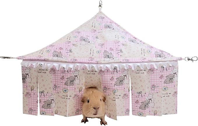 2-in-1 Guinea Pig Hideout & Bed Hammock โ Washable Pink Plaid Fleece Decor with Thick Mat โ Cage Accessories for Small Animals Like Rabbits, Chinchillas & Ferrets to Play, Hide & Rest