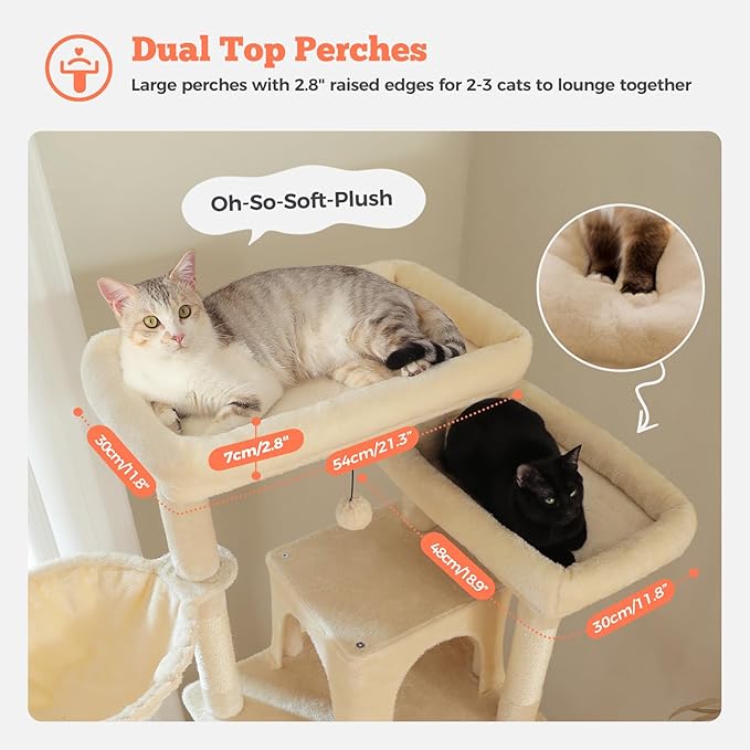 81 Inches Tall Cat Tree for Indoor Cats Large Adult - Multi-Level Cat Tower with Large Metal Frame Hammock, 2-in-1 Scratching Ramp, 2 Top Perches, 2 Cozy Condos & 6 Scratching Posts - Beige