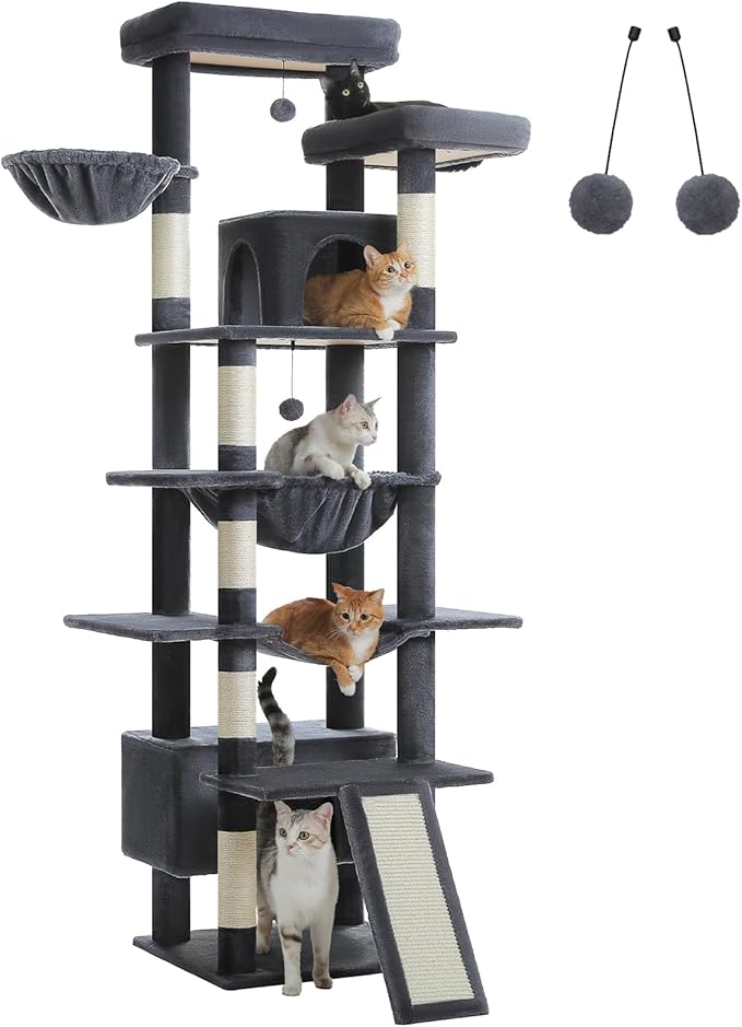 81 Inch Tall Cat Tree for Indoor Cats Large Adult - Multi-Level Cat Tower with Large Metal Frame Hammock, 2-in-1 Scratching Ramp, 2 Top Perches, 2 Cozy Condos & 6 Scratching Posts - Dark Grey