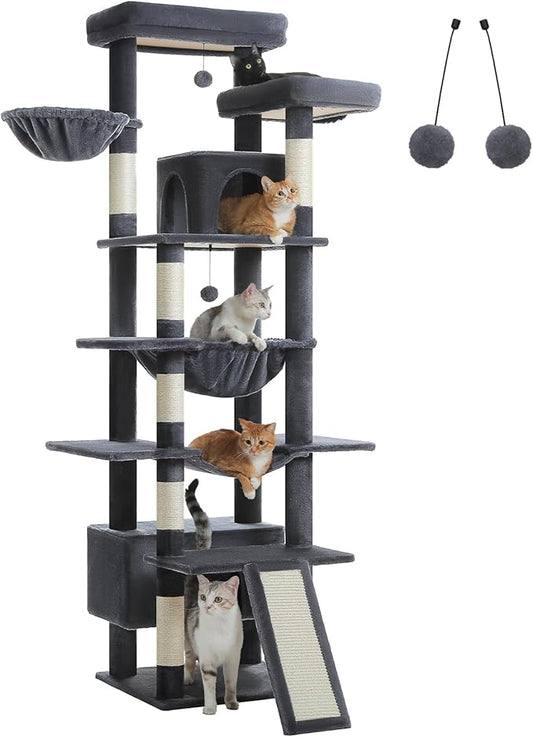 81 Inch Tall Cat Tree for Indoor Cats Large Adult - Multi-Level Cat Tower with Large Metal Frame Hammock, 2-in-1 Scratching Ramp, 2 Top Perches, 2 Cozy Condos & 6 Scratching Posts - Dark Grey