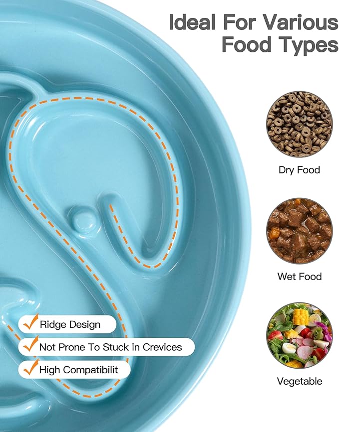 Slow Feeder Dog Bowl, Ceramic Dog Bowls 1.5 Cups Interactive Puzzle Feeder for Fast Eaters, Prevent Bloat & Choking, for Small Medium Large Dogs, Blue