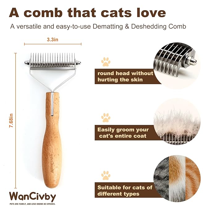 Undercoat Rake Dog Brush Dematting Comb cat shedding tool Dematting Tool Pet Brush Efficiently Detangle and Groom Coats for Large Medium Small Dogs and Cats Comb for Grooming Premium Wood Handle