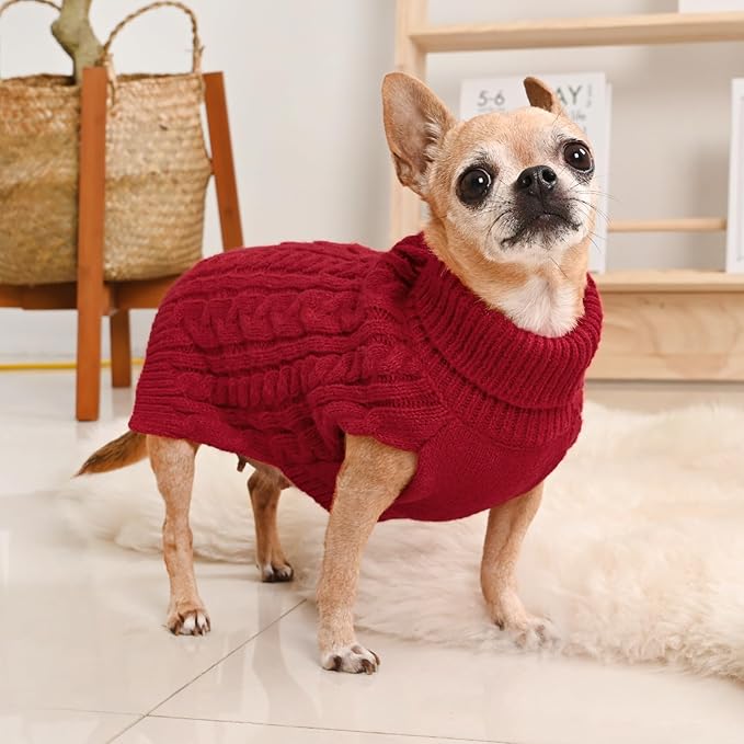 2 Pack Dog Sweaters for Small Dogs Turtleneck Pullover Cable Knit Puppy Stretch Clothes Chihuahua Yorkie Pomeranian Toy Poodle Boy Girl Pets Winter Doggie Clothes (XS, Red & Brown)