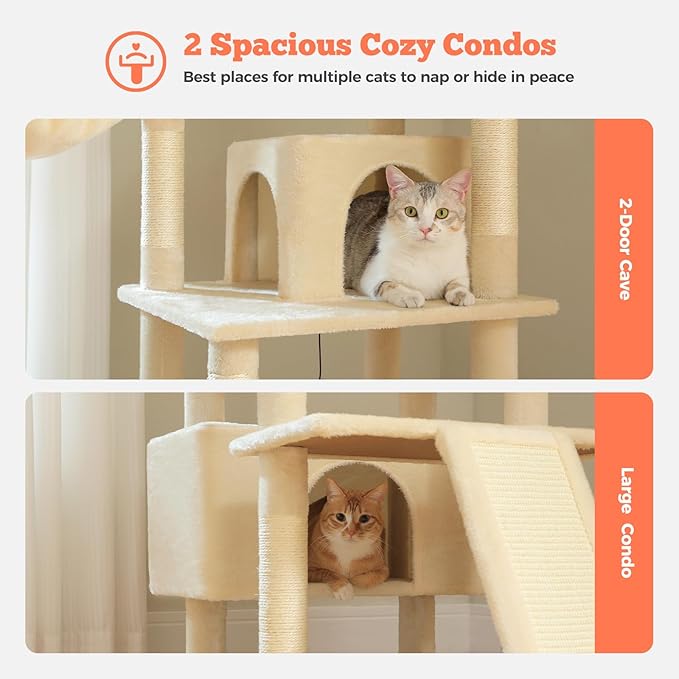 81 Inches Tall Cat Tree for Indoor Cats Large Adult - Multi-Level Cat Tower with Large Metal Frame Hammock, 2-in-1 Scratching Ramp, 2 Top Perches, 2 Cozy Condos & 6 Scratching Posts - Beige