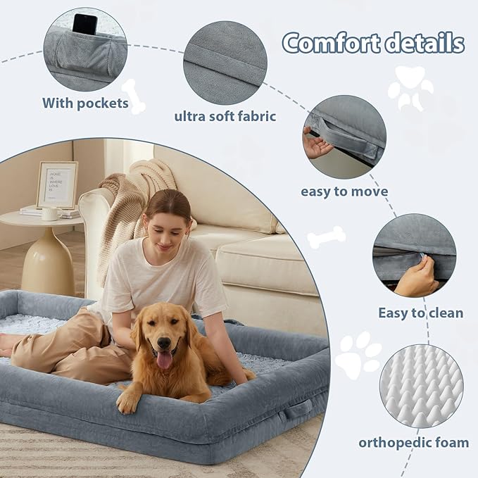 WNPETHOME Human Dog Bed for Adult, Washable Dog Couch with Removable Waterproof Cover, Orthopedic Large Pet Sofa Bed with Bolster Sides for Sleeping