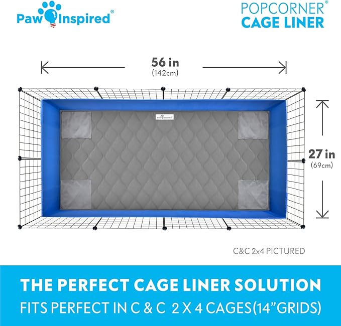 Paw Inspired PopCorner Guinea Pig Cage Liners | Washable Fleece Bedding or Pet Bed Mat for Small Animals | Super Absorbent Pee Pad with Reinforced Corners and Waterproof Bottom (C&C 2x4, Gray)