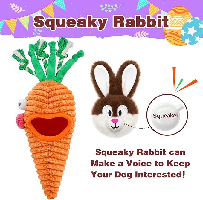 Easter Dog Toys, Hide and Seek Dog Toys, Squeaky Puzzle Dog Toy for Small and Medium Dogs, Interactive Cute Bunny and Carrot Easter Gift with Rope for Teething