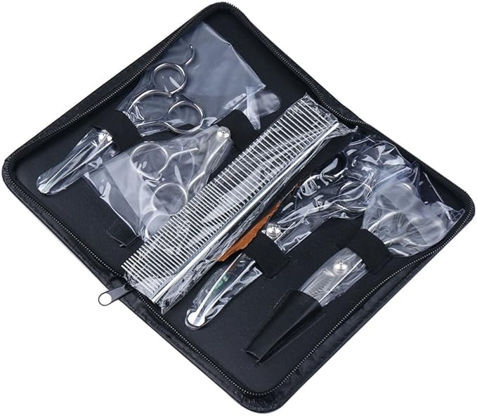 Dog Grooming Scissors Kit with Round Tip, 6 in 1 Cat Dog Scissors, Stainless Steel Pet Grooming Shears, Straight, Curved, Thinning Shears, Comb for Full Body, Face, Nose, Ear & Paw