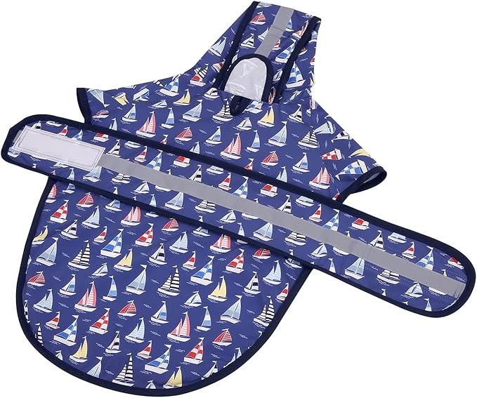 HDE Dog Raincoat Jacket Reflective Adjustable Hooded Pet Poncho Rain Coat with Leash Hole for Small to X-Large Dogs Nautical Boats - S