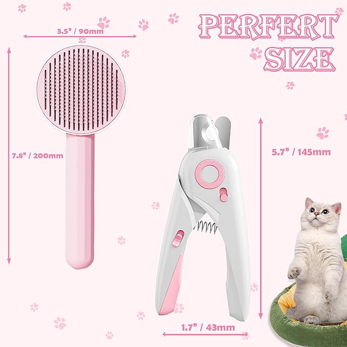 3PCS Pink Cat Grooming Kit, Nail Clipper Trimmer and Nail File, Brush for Shedding, Comb for Long Haired Cats, Pet Supplies and Essentials, Gifts for Cat Lover