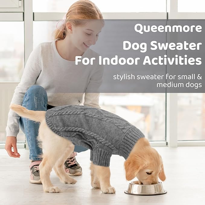 Queenmore Small Dog Pullover Sweater, Cold Weather Cable Knitwear, Classic Turtleneck Thick Warm Clothes for Chihuahua, Bulldog, Dachshund, Pug (Slate Grey, Medium)