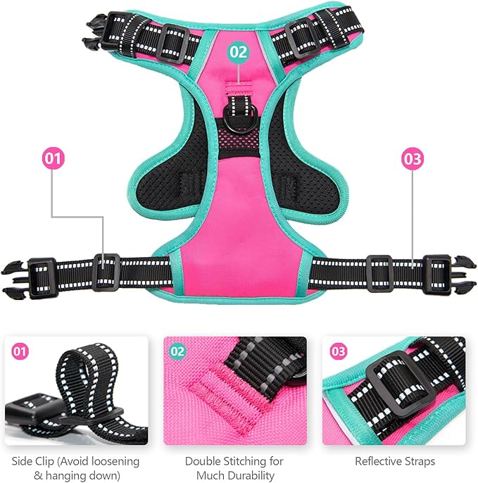 PHOEPET 2019 Upgraded No Pull Dog Harness, Reflective Adjustable Vest, with a Training Handle + 2 Metal Leash Hooks+ 3 Snap Buckles +4 Slide Buckles(M, Pink)