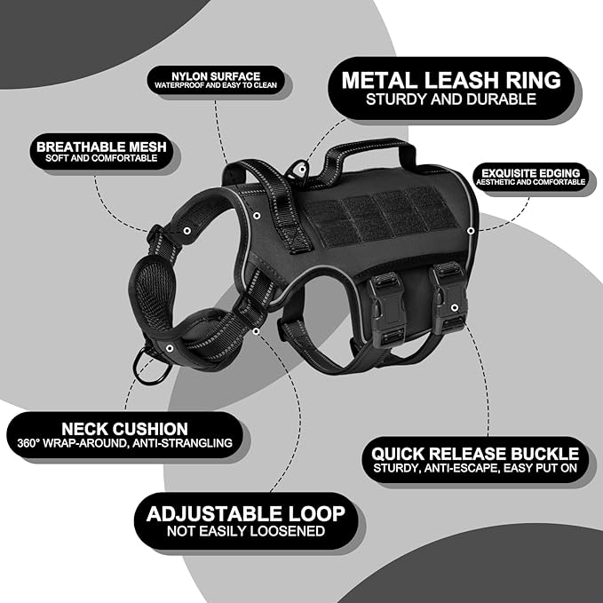 Dog Harness for Large Dogs Heavy Duty, No Pull Tactical Dog Harness with Molle System, Easy On and Off Service Dog Vest, Breathable Padded, Adjustable Reflective Pet Vest for Walking Hiking Training