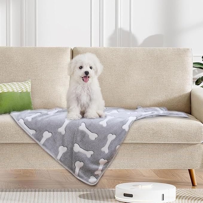 1 Pack 3 Puppy Blankets Super Soft Warm Sleep Mat Grey Cute Print Fluffy Fleece Pet Flannel Throw Dog Blankets for Small Dogs Cats,Star&Bone&Love-Medium(29"x20")