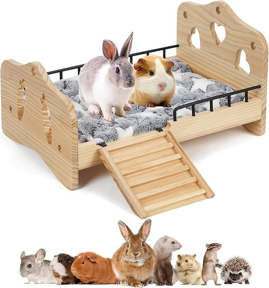 Wooden Rabbit Bed,Detachable Small Animal Bed,Wooden Guinea Pig Bed with Stairs and Washable Mat,Guinea Pig Toys for Rabbit Chinchillas Hamster Ferret(Small Rabbits & Bunny Only) 16.5 * 11 * 3.9inch