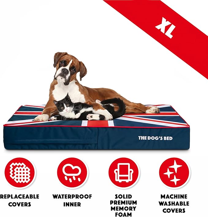 The Dog’s Bed Orthopedic Memory Foam Dog Bed, XL Blue & Red Trim UK Center Flag, Pain Relief for Arthritis, Hip & Elbow Dysplasia, Post Surgery, Supportive, Calming