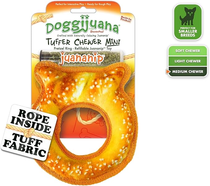 Doggijuana Tuffer Chewer Mini Plush Dog Toy | Funny Dog Toy Plush with Juananip Catnip for Dogs | Calming Aid for Dogs | Interactive Squeaky Chew Toy for Play (Pretzel Ring)