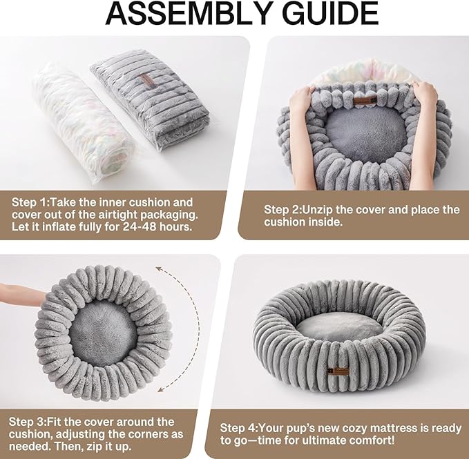 MEWOOFUN Cat Bed, Washable Beds for Indoor Cats, Cute Donut Bed Fluffy Pet Bed with Non-Slip Bottom, Calming Round Bed for Puppy and Kitten (Grey)