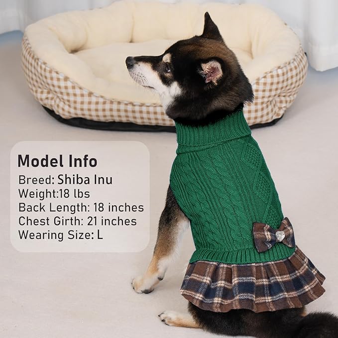 KYEESE Dog Sweater Thick Dog Sweaters for Small Dogs Male Comfy Dogs Clothes with Bowtie Soft Turtleneck Cat Sweaters Stretchy Knitwear Pet Sweater Dress Warm Pullover Pet Coats, Green, X-Large