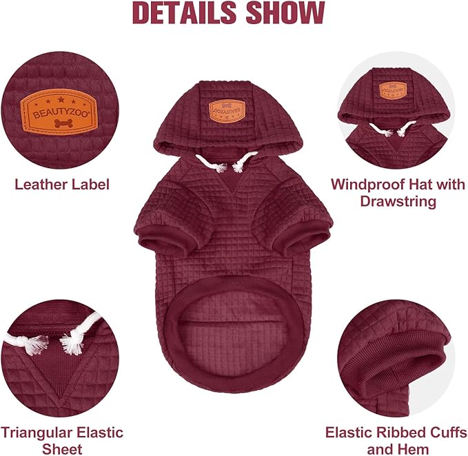 BEAUTYZOO Medium Dog Hoodie Sweater with Pockets, Dog Clothes for Small Medium Dogs Boy Girl, Waffle-Like Laminated Cotton Pet Coats with Hat and Leash Hole, Wine Red XL