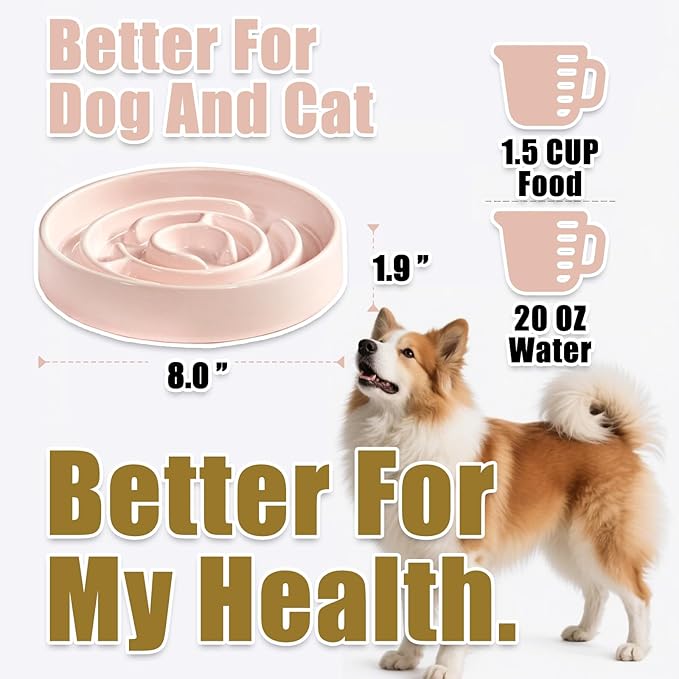 Slow Feeder Dog Bowls, Ceramic Dog Bowl with Anti-Slip, Slow Feeder & Non-Slip Design, Boredom and Anxiety Reducer, Suitable for All Breed Dogs and Cat (Ceramic-Pink)