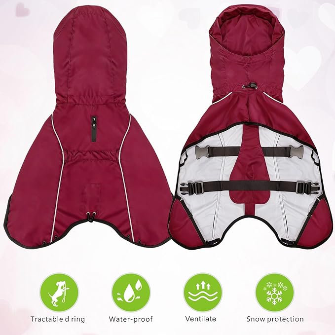 Mosucoirl Dog Raincoat Jacket Reflective Adjustable Hooded Pet Poncho Rain Coats with Leash Hole Waterproof Clothes for Small Medium Large Dogs (Red, S)