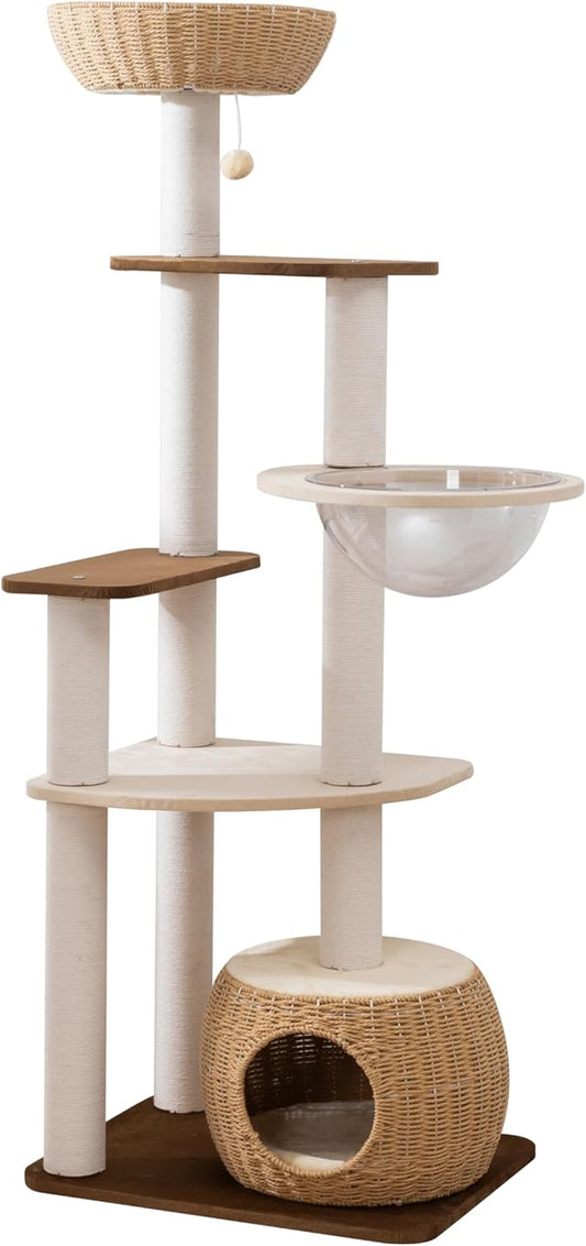 Modern Cat Tree for Large Cat, 57-Inch Tall Cat Tower with Scratching Post for Indoor Cats, Multi-Level Cat Condo with Hand-Woven Cat Bed and Acrylic Bowl (White 81007DD)