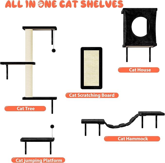NUNU LAB Cat Wall Shelves Set, 5 Pcs Wall-Mounted Cat Climber with Condo House, Bridge Ladder, Scratching Post, Indoor Cat Furniture Set, Black