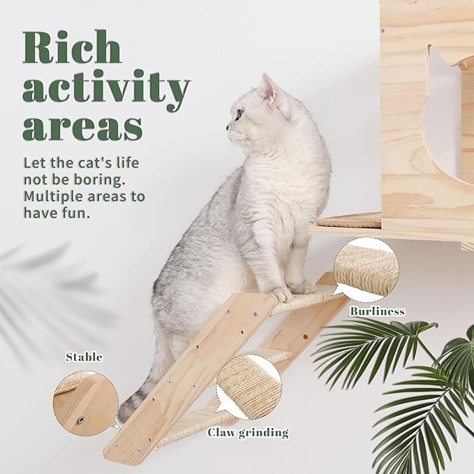 A Cat Wall Shelves Set – 5PCS Extra-Large Mounted Cat Furniture with 2 Wide Platforms, Sisal Scratch Post, Solid Wood Climbing System for Large Indoor Cats