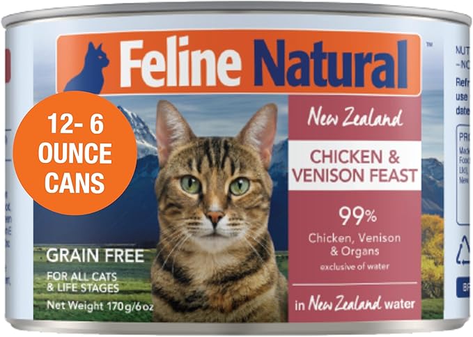 Feline Natural New Zealand Canned Catfood Wet Food, High-Meat, Low-Carb, & Grain Free Cat Food Wet, Chicken & Venison Feast, 6 oz, Pack of 12