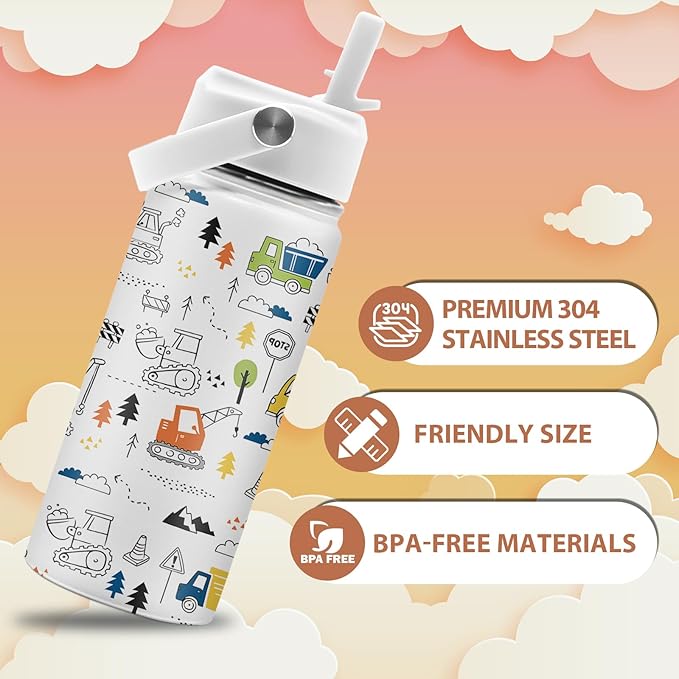 16 oz Water Bottle with Straw Lid, Stainless Steel Insulated Tumbler, Cute Construction Water Bottles for Birthday Christmas